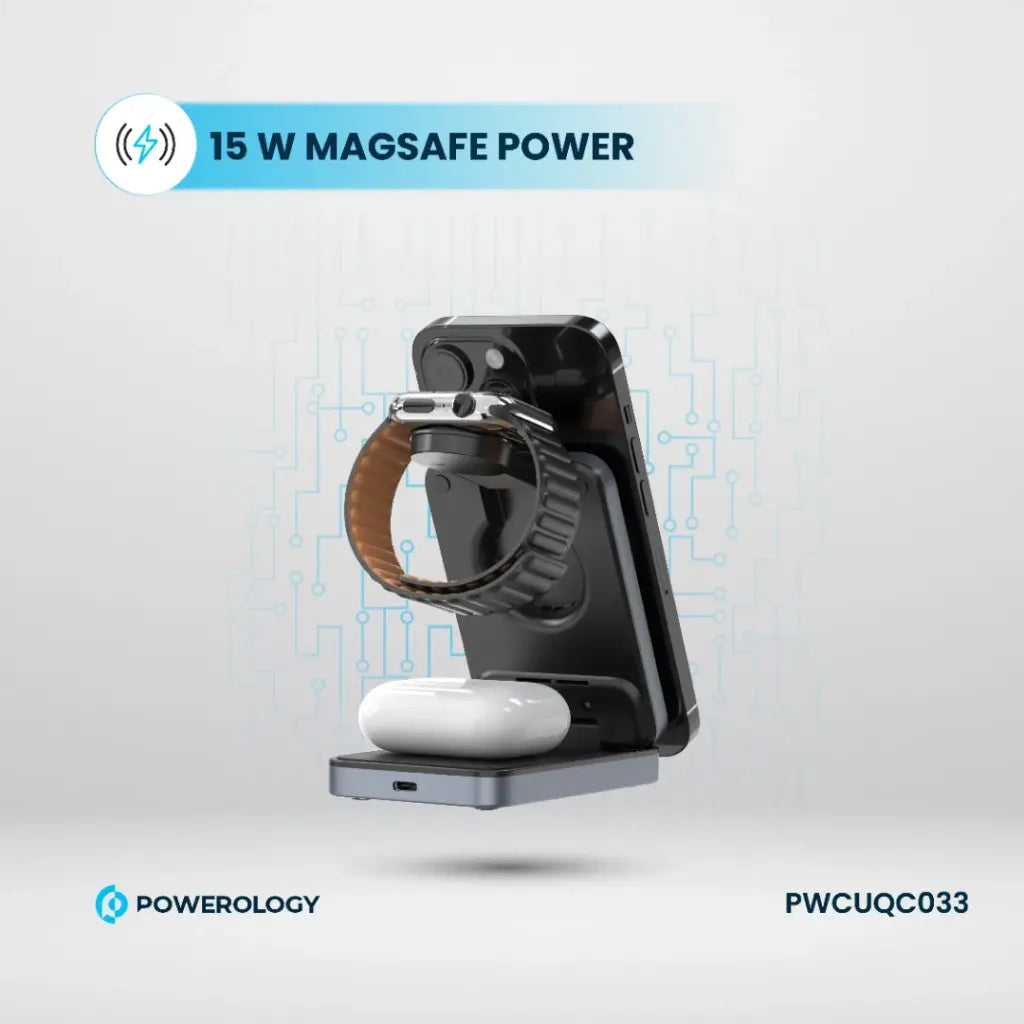 شاحن وحامل هاتف باورولوجي المغناطيسي القابل للطي مع شحن لاسلكي 3 في 1 - اسود | Powerology 3-in-1 Foldable Magnetic Wireless Charging Bracket - Black.