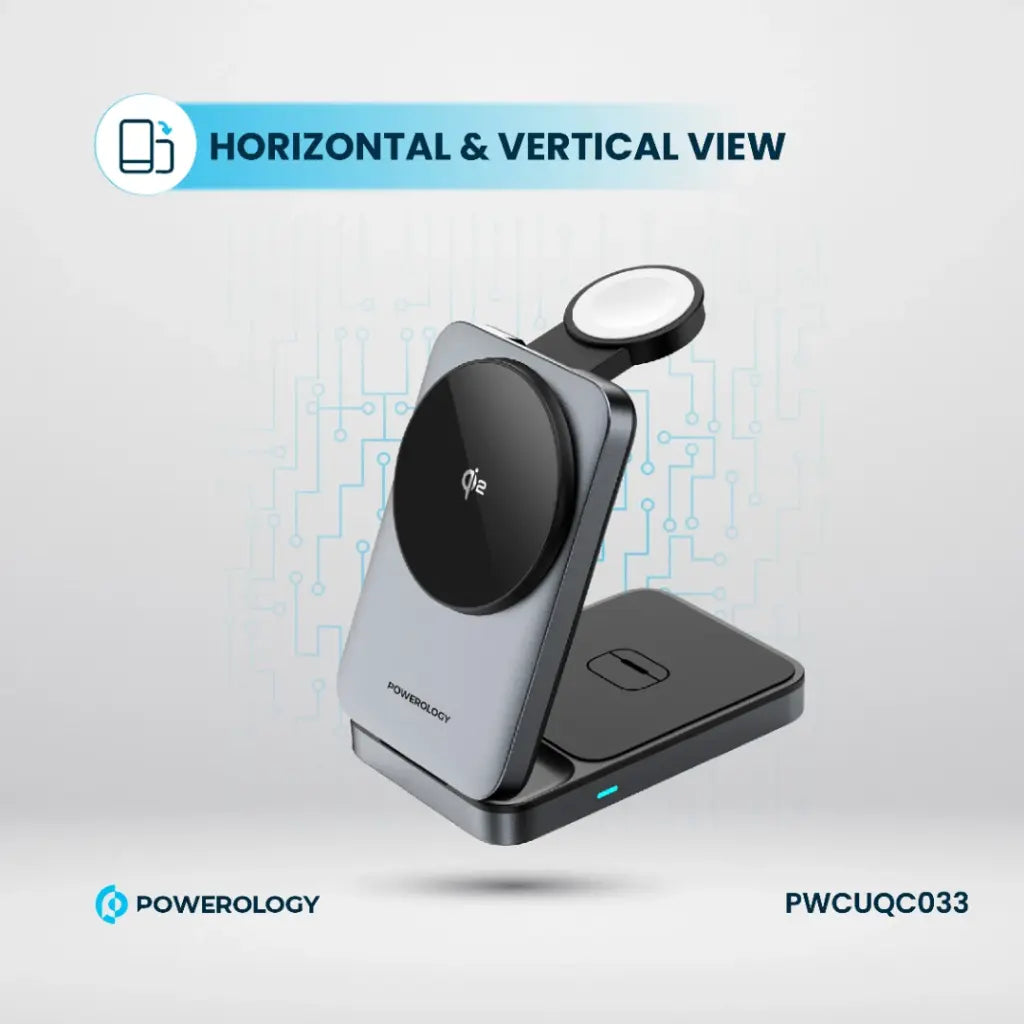 شاحن وحامل هاتف باورولوجي المغناطيسي القابل للطي مع شحن لاسلكي 3 في 1 - اسود | Powerology 3-in-1 Foldable Magnetic Wireless Charging Bracket - Black.