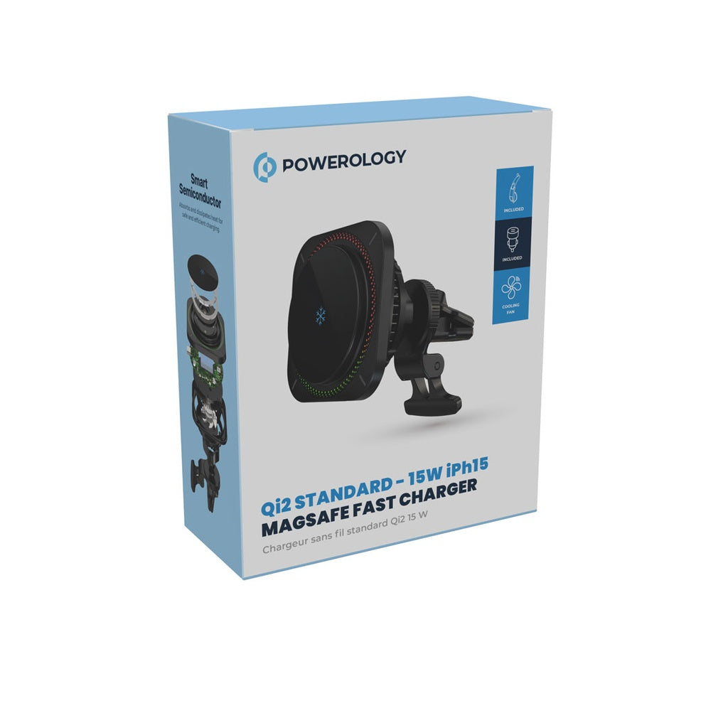 Şarjêra Otomobîlê ya Bilez a Powerology MagSafe Qi2 15W bi Sarbûn û Ronahîkirina RGB - Reş