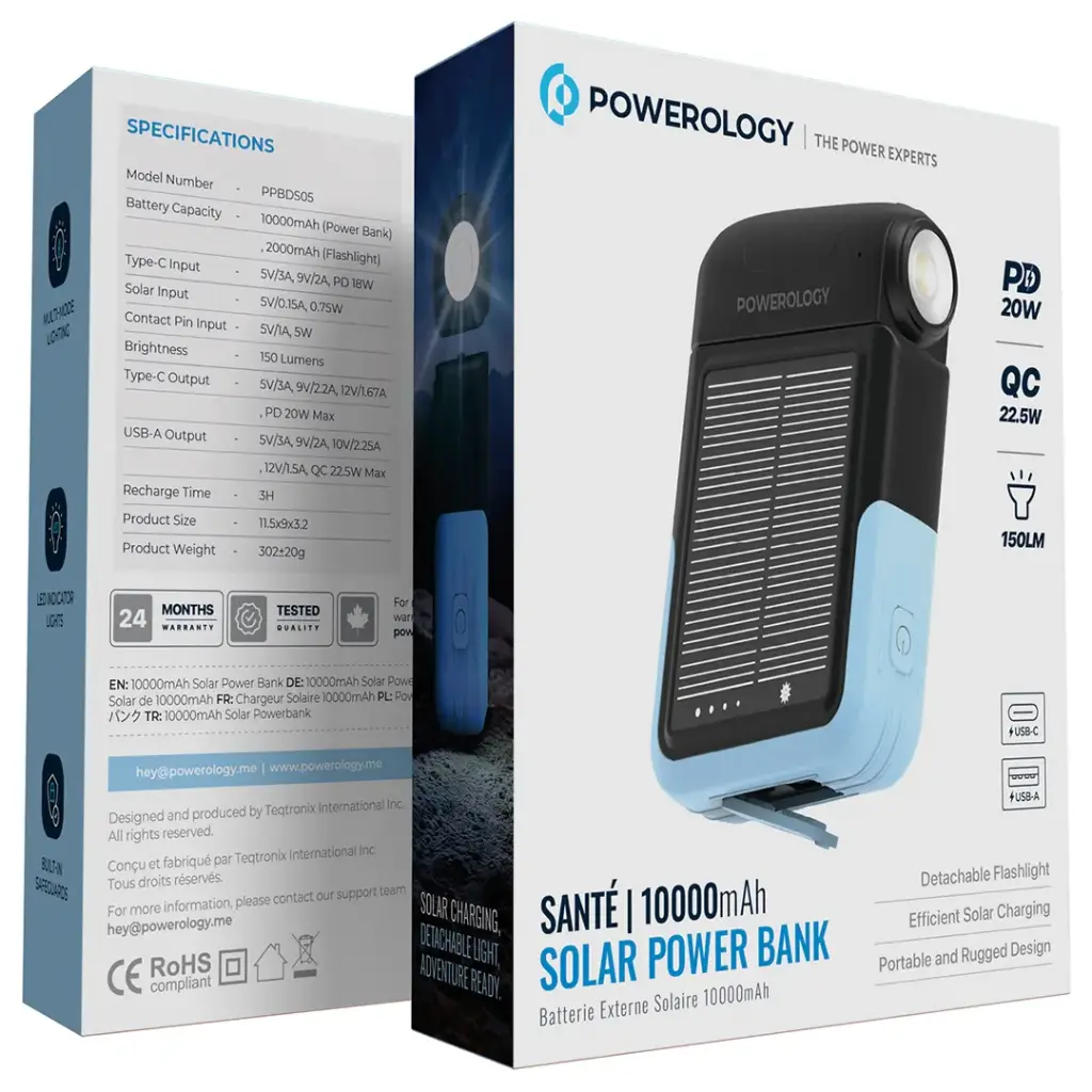 باور بانك باورولوجي الشمسي بسعة 10,000 مللي امبير - اسود | Powerology Solar Power Bank 10000mAh – Black