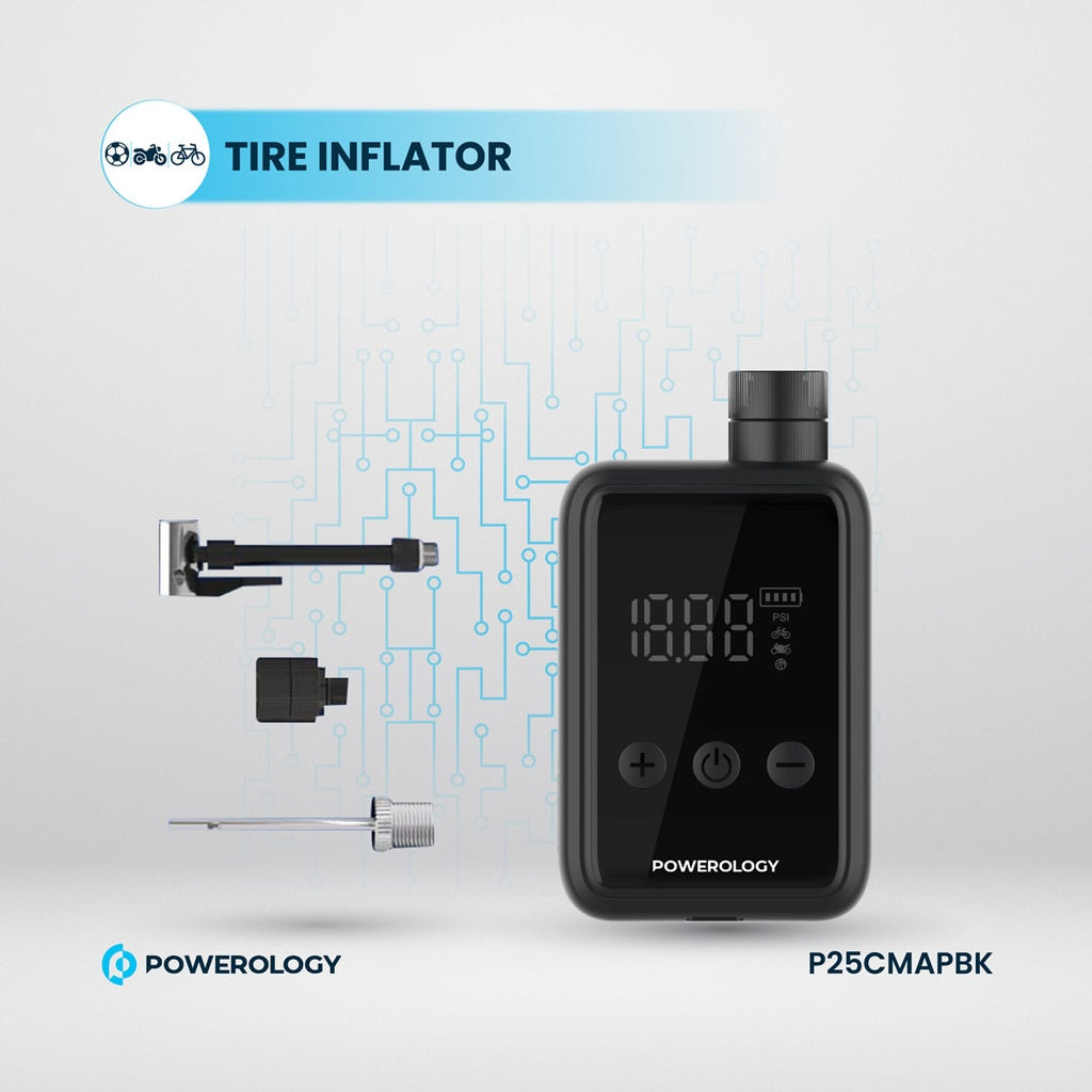 منفاخ هواء محمول من باورولوجي, بضغط 110PSI وبطارية 1000mAh - اسود | Powerology 110PSI Mini Pocket Air Pump 1000mAh – Compact Design – Black.