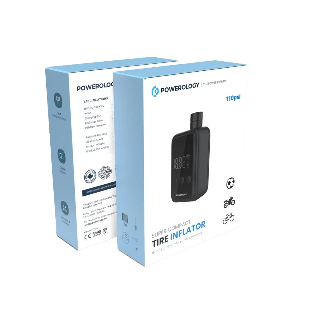 منفاخ هواء محمول من باورولوجي, بضغط 110PSI وبطارية 1000mAh - اسود | Powerology 110PSI Mini Pocket Air Pump 1000mAh – Compact Design – Black.