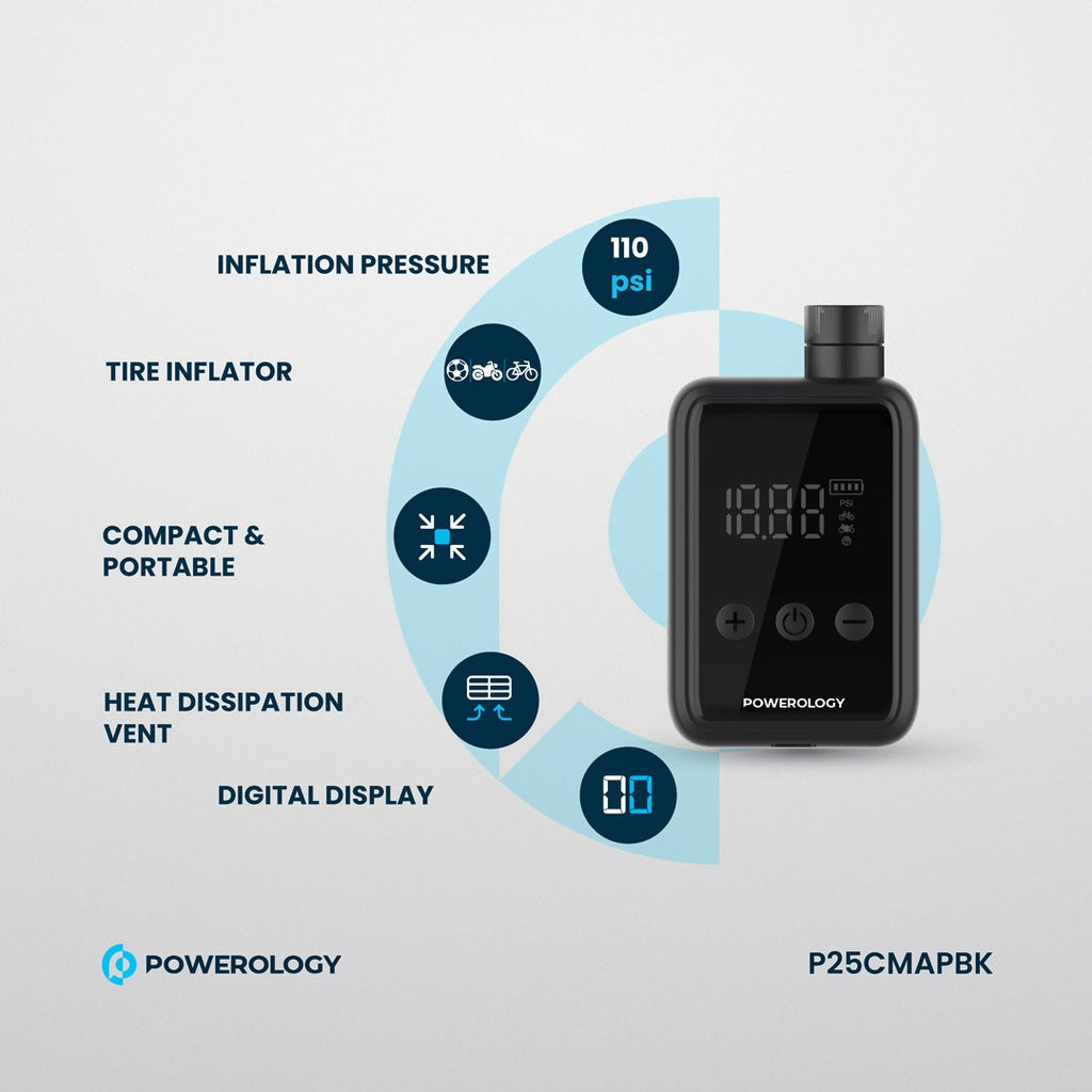منفاخ هواء محمول من باورولوجي, بضغط 110PSI وبطارية 1000mAh - اسود | Powerology 110PSI Mini Pocket Air Pump 1000mAh – Compact Design – Black.