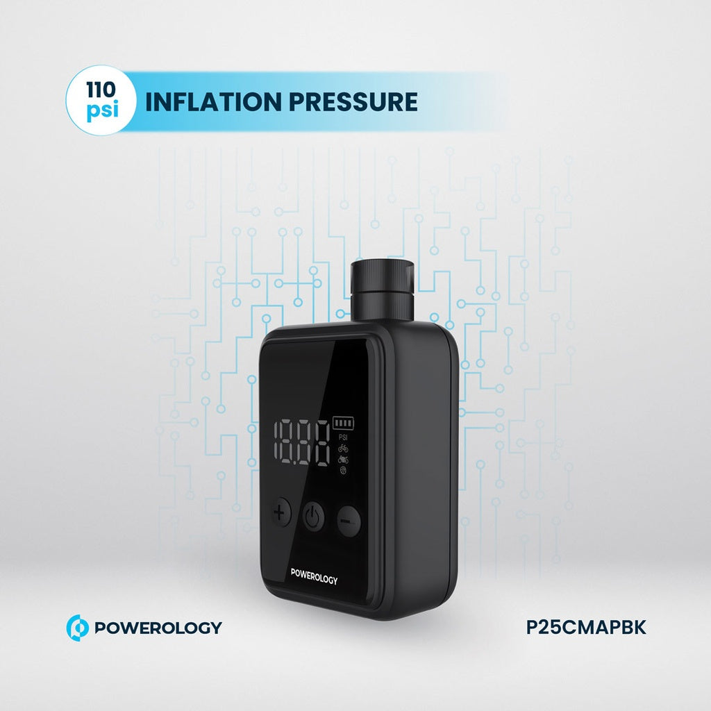 منفاخ هواء محمول من باورولوجي, بضغط 110PSI وبطارية 1000mAh - اسود | Powerology 110PSI Mini Pocket Air Pump 1000mAh – Compact Design – Black.