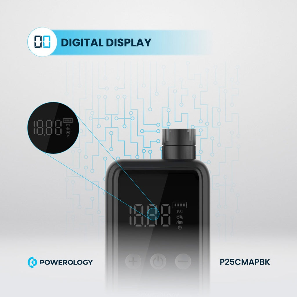 منفاخ هواء محمول من باورولوجي, بضغط 110PSI وبطارية 1000mAh - اسود | Powerology 110PSI Mini Pocket Air Pump 1000mAh – Compact Design – Black.