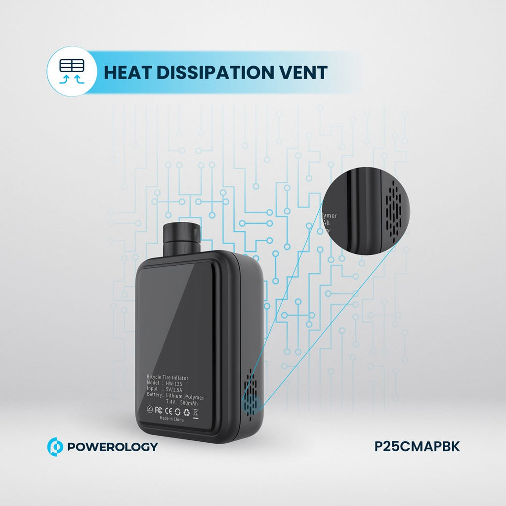 منفاخ هواء محمول من باورولوجي, بضغط 110PSI وبطارية 1000mAh - اسود | Powerology 110PSI Mini Pocket Air Pump 1000mAh – Compact Design – Black.