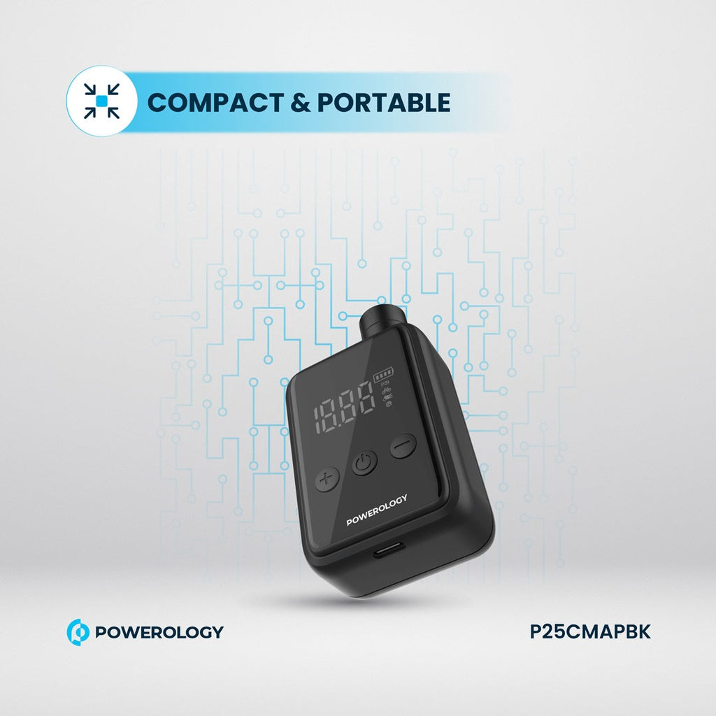 منفاخ هواء محمول من باورولوجي, بضغط 110PSI وبطارية 1000mAh - اسود | Powerology 110PSI Mini Pocket Air Pump 1000mAh – Compact Design – Black.