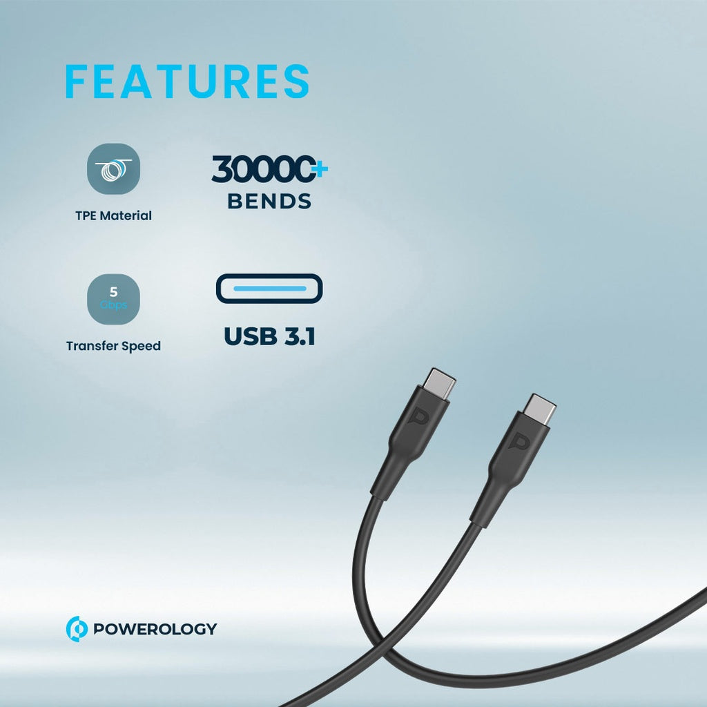 كيبل باورولوجي يو اس بي سي الى يو اس بي سي بطول 1.2 متر, شحن سريع 100 واط | Powerology USB-C to USB-C Cable 1.2M – 100W Fast Charging PD.
