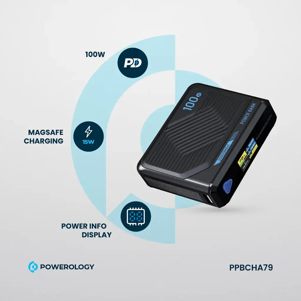 باور بانك باورولوجي اللاسلكي المغناطيسي, متوافق مع ماج سيف بقوة 100 واط وسعة 20000 مللي امبير | Powerology 100W MagSafe Wireless Charger Power Bank 20000mAh.