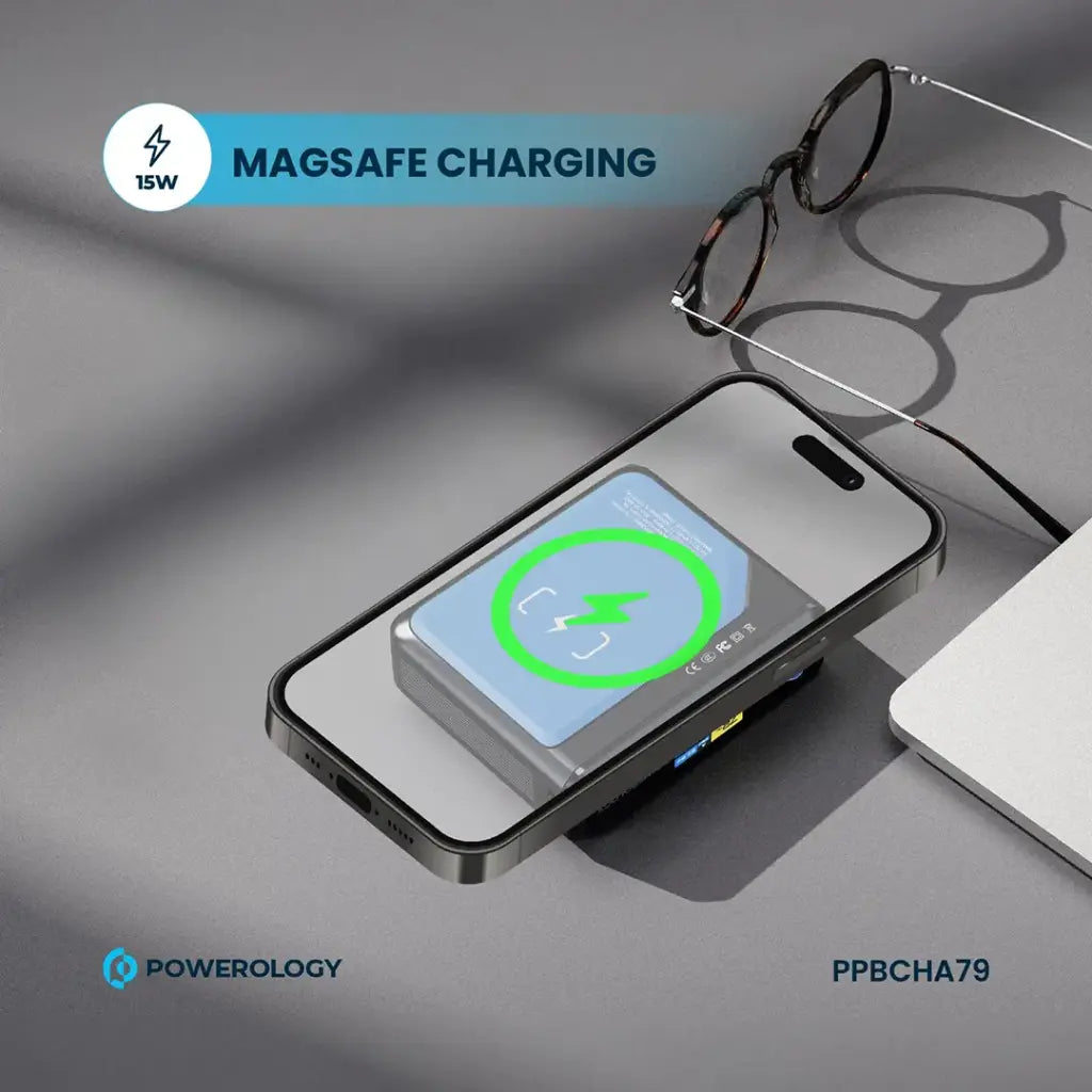 باور بانك باورولوجي اللاسلكي المغناطيسي, متوافق مع ماج سيف بقوة 100 واط وسعة 20000 مللي امبير | Powerology 100W MagSafe Wireless Charger Power Bank 20000mAh.