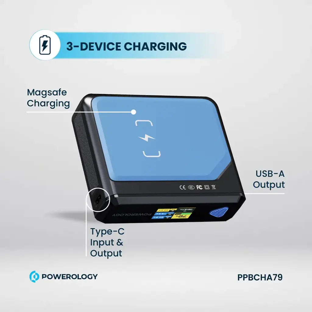 باور بانك باورولوجي اللاسلكي المغناطيسي, متوافق مع ماج سيف بقوة 100 واط وسعة 20000 مللي امبير | Powerology 100W MagSafe Wireless Charger Power Bank 20000mAh.