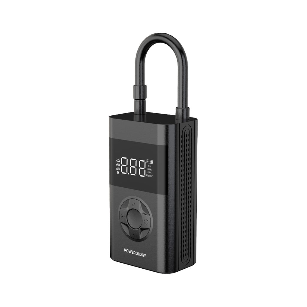 منفاخ هواء باورولوجي المحمول, بطارية بسعة 4000mAh, متعدد الوضائف مع باور بانك - اسود | Powerology 4000mAh 3C Mini Air Pump & Power Bank – Black.