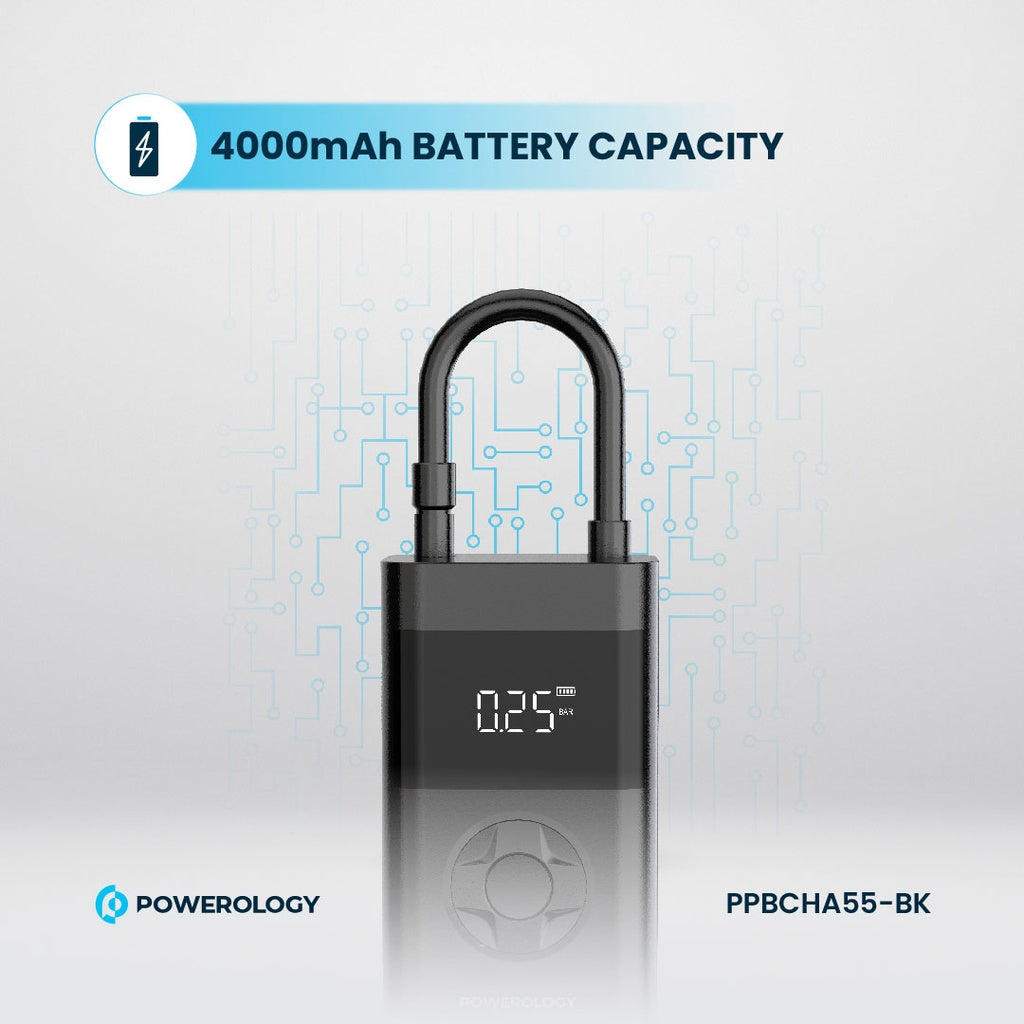 منفاخ هواء باورولوجي المحمول, بطارية بسعة 4000mAh, متعدد الوضائف مع باور بانك - اسود | Powerology 4000mAh 3C Mini Air Pump & Power Bank – Black.