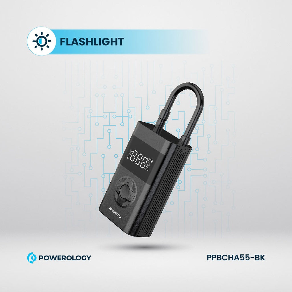 منفاخ هواء باورولوجي المحمول, بطارية بسعة 4000mAh, متعدد الوضائف مع باور بانك - اسود | Powerology 4000mAh 3C Mini Air Pump & Power Bank – Black.