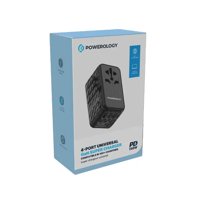 محول سفر عالمي 140 واط من باورولوجي, منفذين يو اس بي سي ومنفذين يو اس بي اي بقدرة 18 واط - اسود | Powerology Universal Adapter 140W X2 Type-C Port and X2 USB-A 15W Port - Black