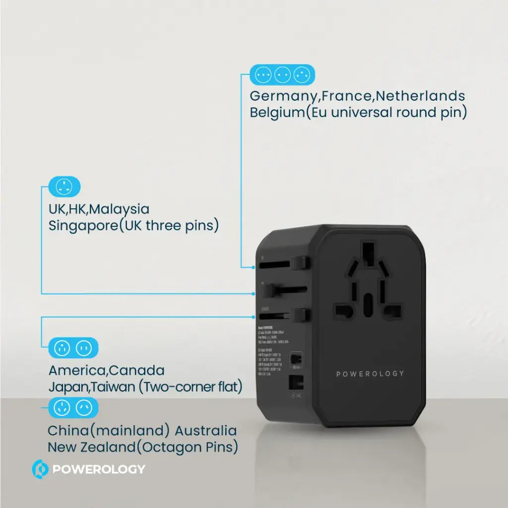 Powerology Universal Travel Charger 45W PD with Triple USB-A - شاحن باورلوجي العالمي بمدخل تايب سي وثلاثة USB-A