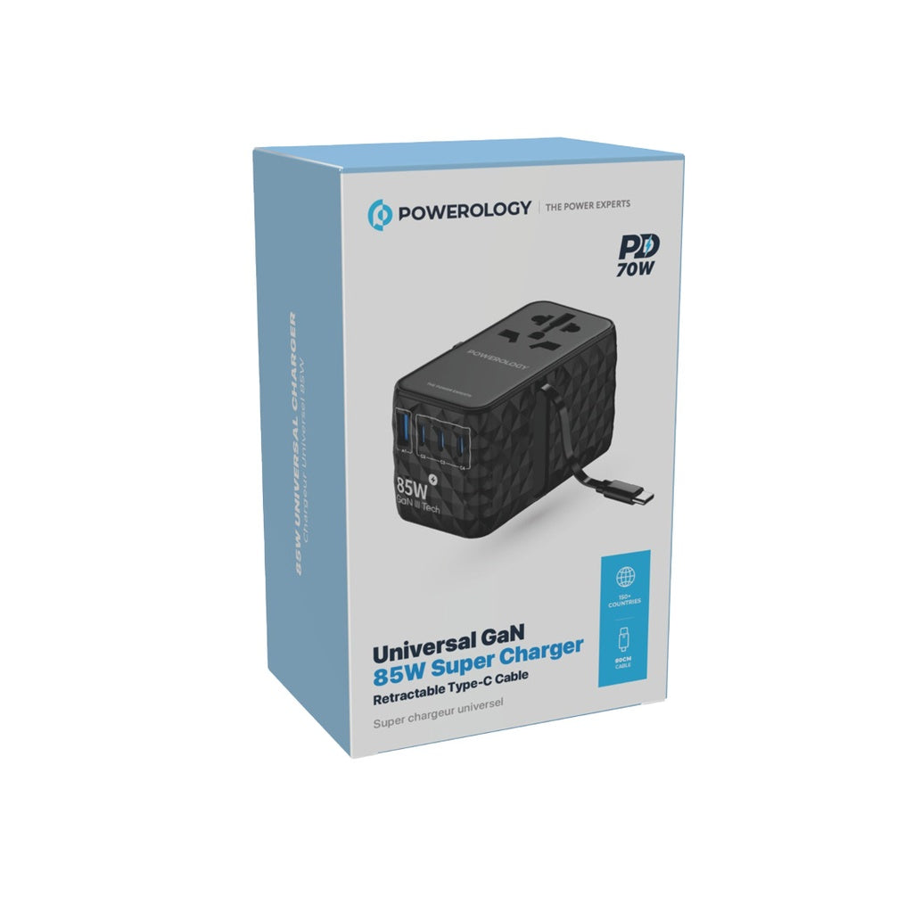 شاحن باورولوجي العالمي GaN, شحن سريع بقدرة 85 واط مع كيبل تايب سي مدمج قابل للسحب | Powerology GaN 85W Super Charger with Retractable Type-C Cable.