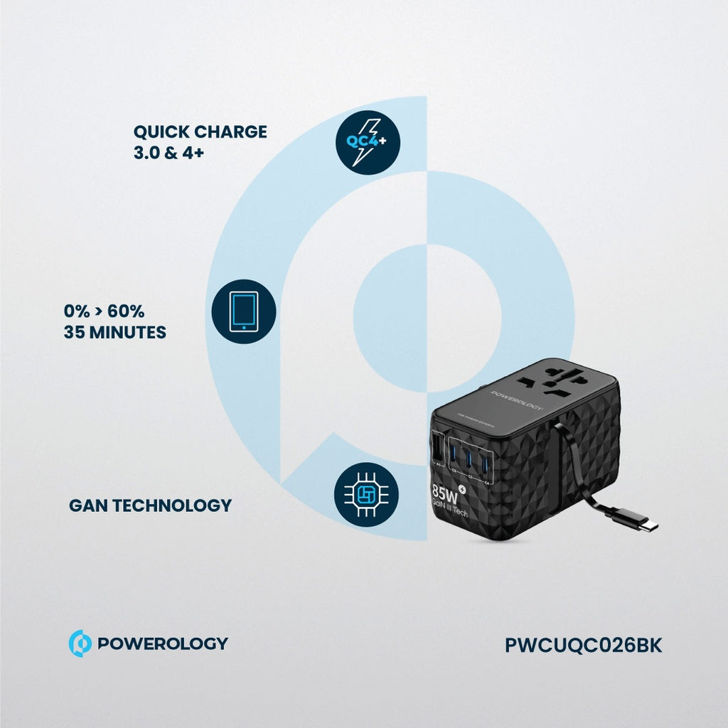 شاحن باورولوجي العالمي GaN, شحن سريع بقدرة 85 واط مع كيبل تايب سي مدمج قابل للسحب | Powerology GaN 85W Super Charger with Retractable Type-C Cable.