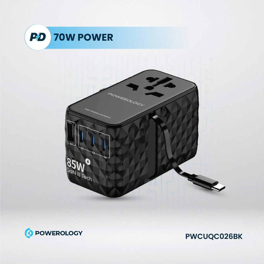 شاحن باورولوجي العالمي GaN, شحن سريع بقدرة 85 واط مع كيبل تايب سي مدمج قابل للسحب | Powerology GaN 85W Super Charger with Retractable Type-C Cable.
