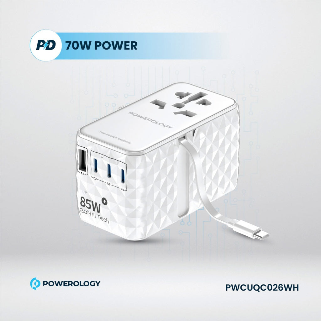 شاحن باورولوجي العالمي GaN, شحن سريع بقدرة 85 واط مع كيبل تايب سي مدمج قابل للسحب | Powerology GaN 85W Super Charger with Retractable Type-C Cable.