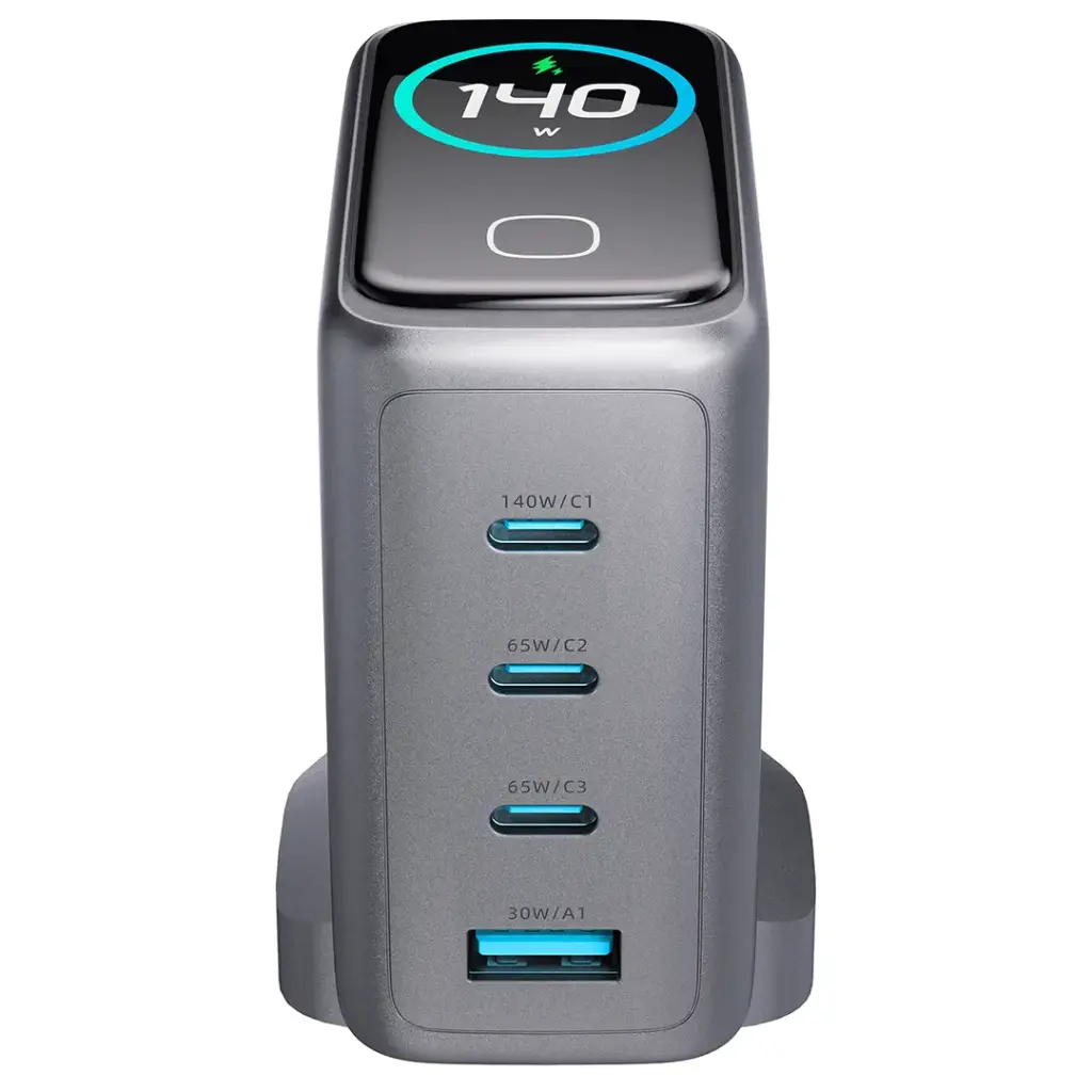 شاحن باورولوجي فولت فلو GaN بقدرة شحن 140 واط مع شاشة TFT - اسود | Powerology 140W VoltFlow GaN 4-Port Charger with TFT Display – Black