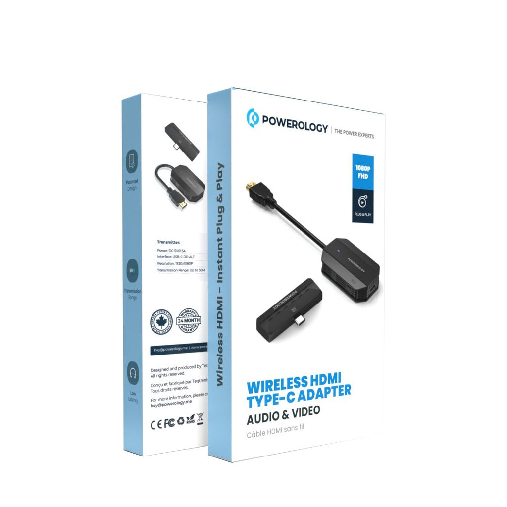 باورولوجي محول HDMI لاسلكي تايب سي للصوت والفيديو - اسود | Powerology Wireless HDMI Type-C Adapter Audio & Video – Black.
