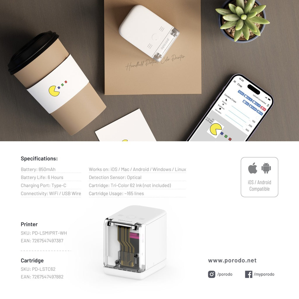 طابعة محمولة صغيرة باليد من بورودو لايف ستايل, بطارية مدمجة بسعة 850 مللي امبير - ابيض | Porodo Lifestyle Portable Mini Handheld Printer 850mAh – White