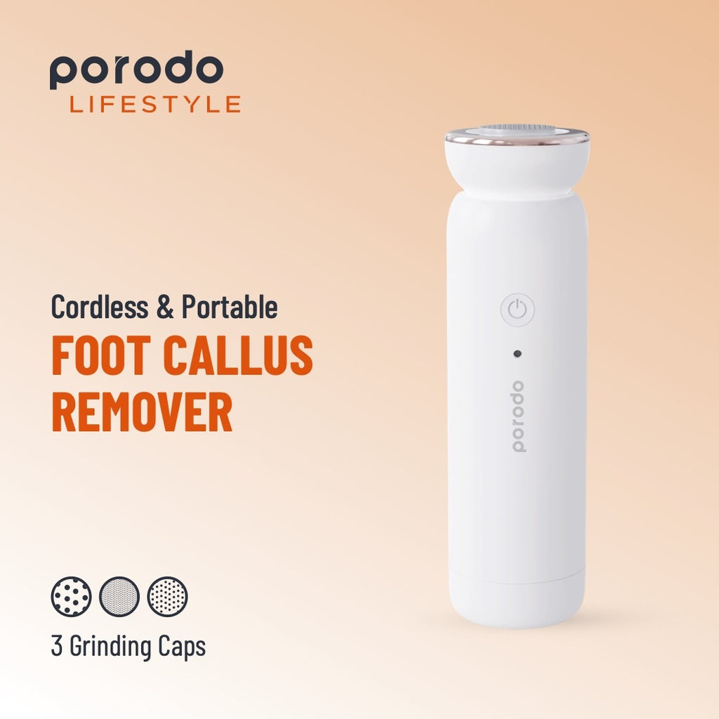 مزيل مسامير القدم المحمول واللاسلكي من بورودو, بطارية بسعة 2000 مللي امبير - ابيض | Porodo LifeStyle Mini Cordless & Portable Foot Callus Remover 5W 2000mAh - White