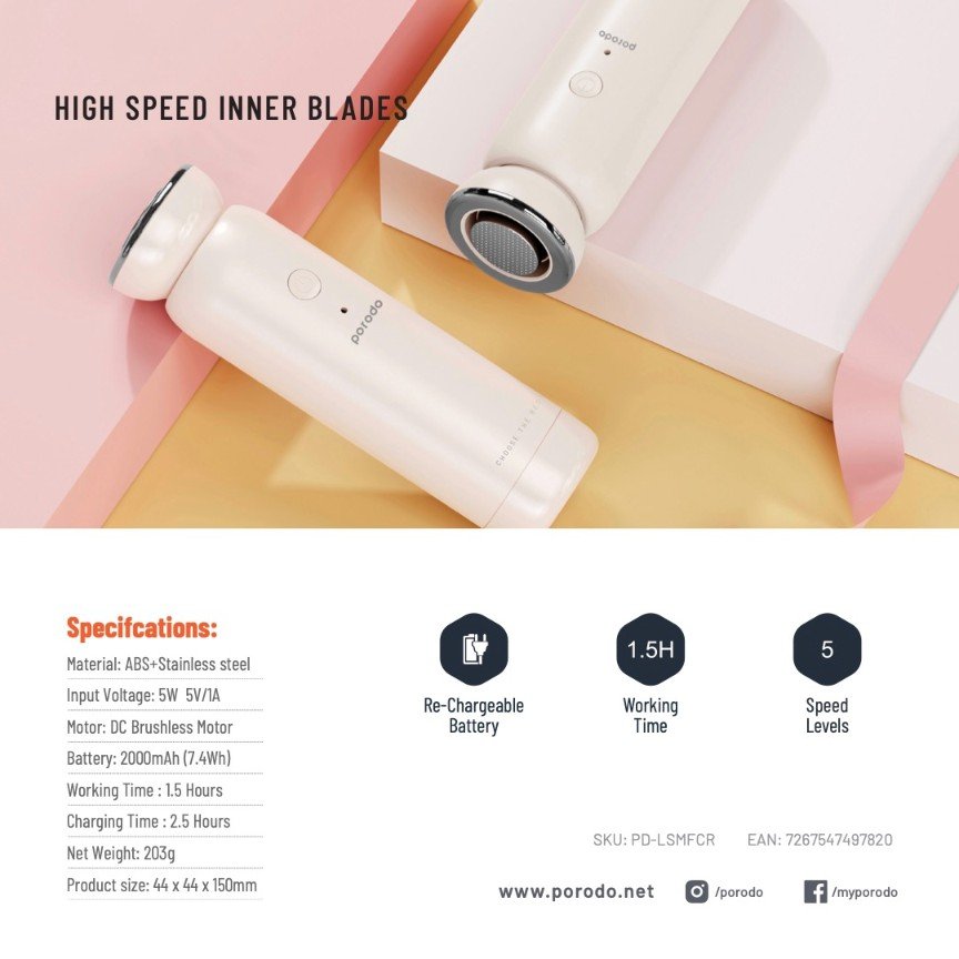 مزيل مسامير القدم المحمول واللاسلكي من بورودو, بطارية بسعة 2000 مللي امبير - ابيض | Porodo LifeStyle Mini Cordless & Portable Foot Callus Remover 5W 2000mAh - White