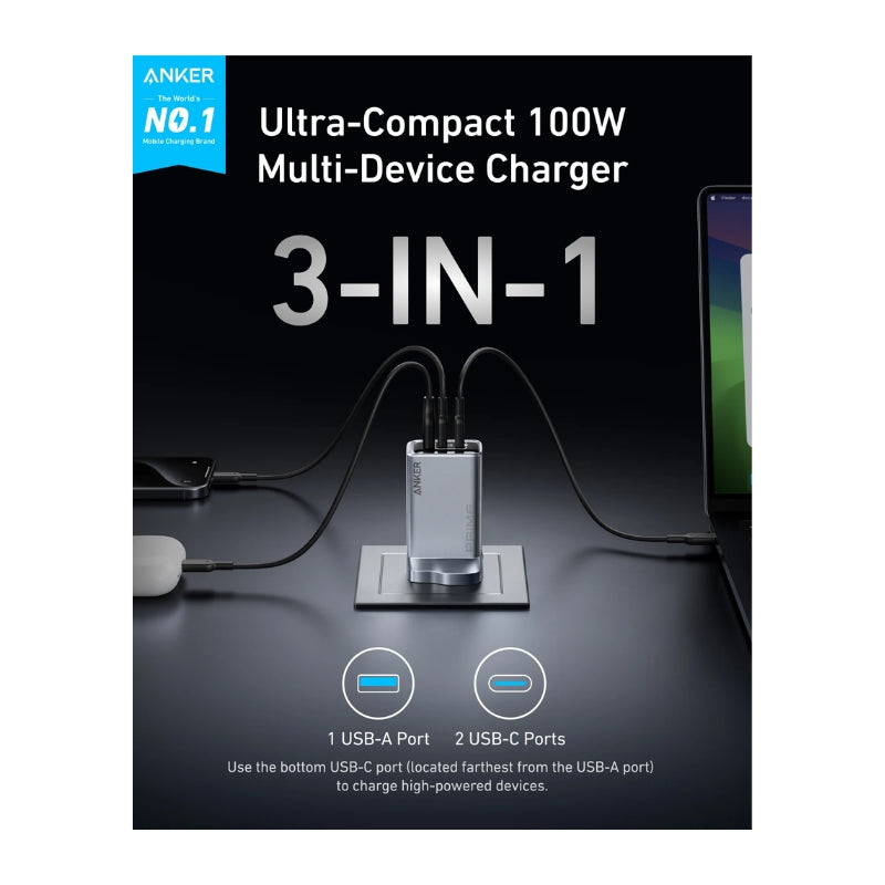 شاحن انكر برايم GaN ب 3 منافذ وبقدرة شحن 100 واط | Anker Prime GaN Charger 3 Ports, 100W