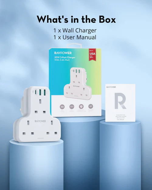 شاحن PD بايونير من راف باور 20 واط 3 منافذ اصدار اصدار بـ 3 مقابس AC -RavPower PD Pioneer 20W 3 port charger White Version with 3 AC plug USB