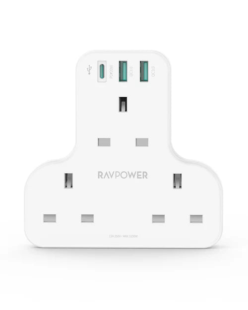 شاحن PD بايونير من راف باور 20 واط 3 منافذ اصدار اصدار بـ 3 مقابس AC -RavPower PD Pioneer 20W 3 port charger White Version with 3 AC plug USB
