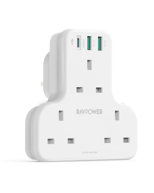 شاحن PD بايونير من راف باور 20 واط 3 منافذ اصدار اصدار بـ 3 مقابس AC -RavPower PD Pioneer 20W 3 port charger White Version with 3 AC plug USB