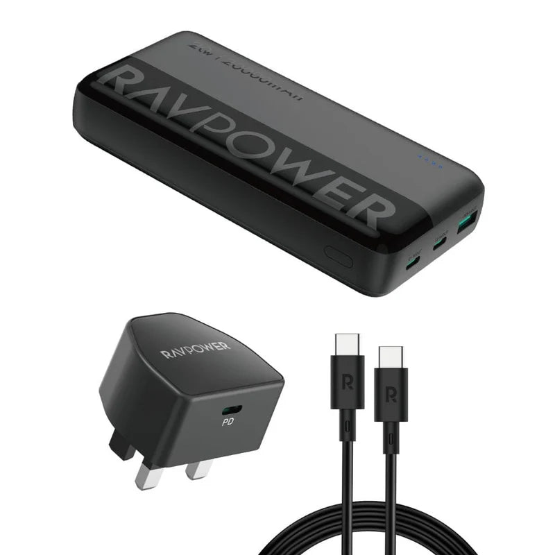 RAVPower 3-in-1 Travel Charging Combo 20000mAh Power Bank, 20W PD Charger & 60W Cable - راف باور كومبو شحن متنقل 3 في 1 – باور بانك 20000ميلي أمبير + شاحن حائط + كابل 60واط