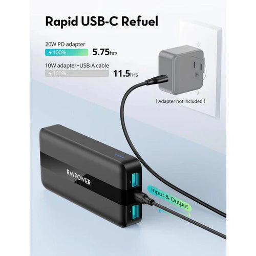 RAVPower PB1235 20000mAh 3-Port Power Bank 20W PD Fast Charging - باور بانك راف باور سعة 20000 مللي أمبير، 3 منافذ، شحن سريع PD20W