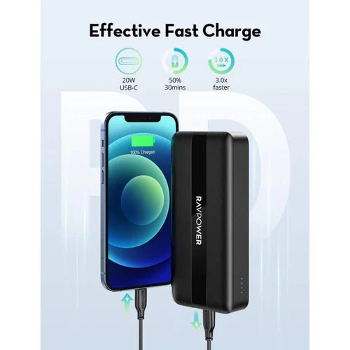 RAVPower PB1235 20000mAh 3-Port Power Bank 20W PD Fast Charging - باور بانك راف باور سعة 20000 مللي أمبير، 3 منافذ، شحن سريع PD20W