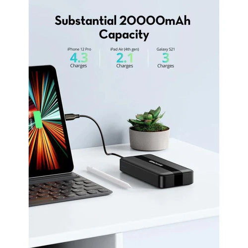 RAVPower PB1235 20000mAh 3-Port Power Bank 20W PD Fast Charging - باور بانك راف باور سعة 20000 مللي أمبير، 3 منافذ، شحن سريع PD20W