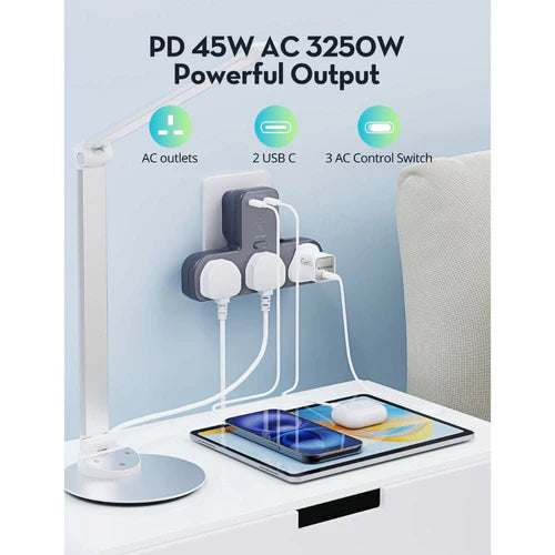 RAVPower PD 45W Power Outlet Extender with 3 AC Outlets & 2 USB-C Ports - اف باور موزّع طاقة ذكي 45 واط PD مع 3 مقابس كهربائية و2 منفذ تايب سي