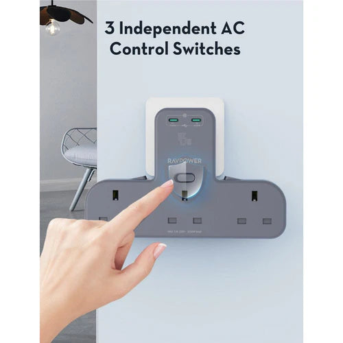 RAVPower PD 45W Power Outlet Extender with 3 AC Outlets & 2 USB-C Ports - اف باور موزّع طاقة ذكي 45 واط PD مع 3 مقابس كهربائية و2 منفذ تايب سي