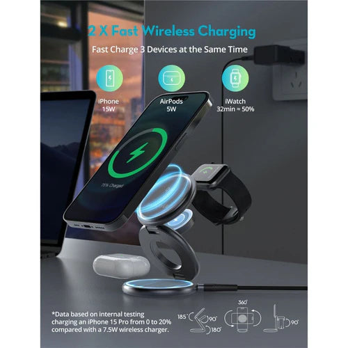 RAVPower 3-in-1 MagSafe 15W Wireless Charging Station - شاحن لاسلكي 3 في 1 من راف باور مغناطيسي ماجسيف بقدرة 15 واط قابل للطي