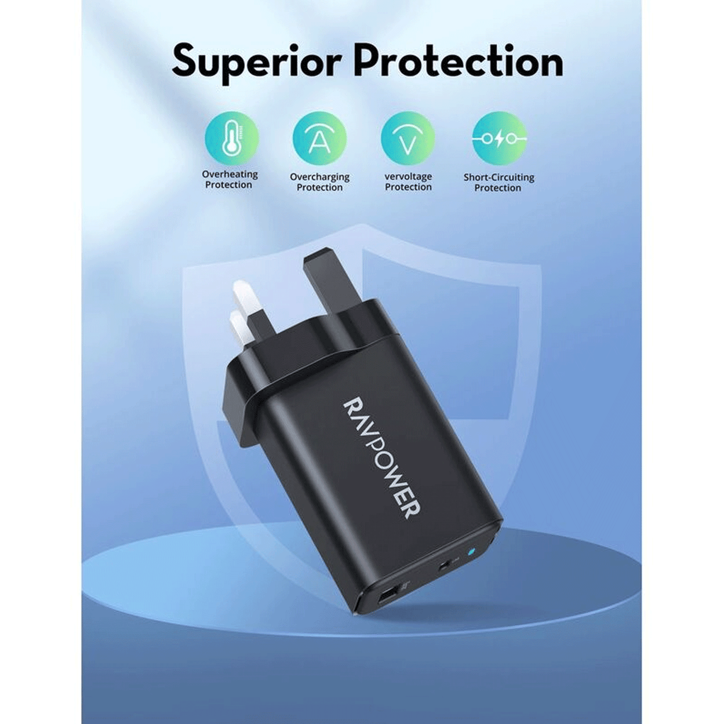 شاحن بقدرة 65 واط مع ثلاث مناقذ مختلفة - RAVPower PD 65W Wall Charger 3-Port