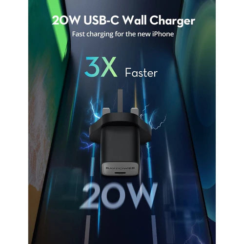 RAVPower 20W USB-C Wall Charger PC1055 Compact GaN PD Fast Charger - شاحن راف باور 20 واط تايب سي صغير الحجم، سريع وآمن بتقنية GaN