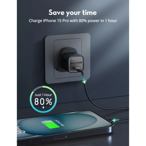 RAVPower 20W USB-C Wall Charger PC1055 Compact GaN PD Fast Charger - شاحن راف باور 20 واط تايب سي صغير الحجم، سريع وآمن بتقنية GaN