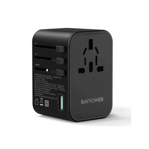 RAVPower 65W Universal Travel Charger 3-Port PD & QC Fast Charging - شاحن السفر العالمي راف باور 65 واط – 3 منافذ، PD وQC شحن سريع