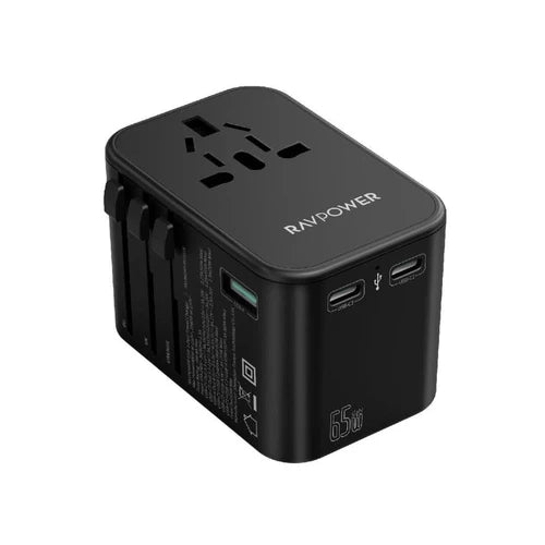 RAVPower 65W Universal Travel Charger 3-Port PD & QC Fast Charging - شاحن السفر العالمي راف باور 65 واط – 3 منافذ، PD وQC شحن سريع