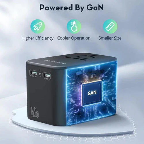 RAVPower 65W Universal Travel Charger 3-Port PD & QC Fast Charging - شاحن السفر العالمي راف باور 65 واط – 3 منافذ، PD وQC شحن سريع