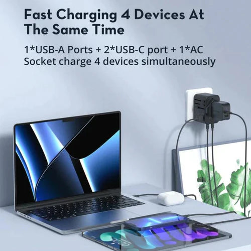 RAVPower 65W Universal Travel Charger 3-Port PD & QC Fast Charging - شاحن السفر العالمي راف باور 65 واط – 3 منافذ، PD وQC شحن سريع