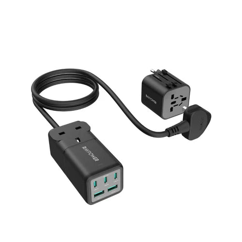 RAVPower 75W Power Strip 5-Port + AC Socket & Travel Charger - شريط طاقة راف باور 75 واط مع 5 منافذ وقابس كهربائي وشاحن سفر