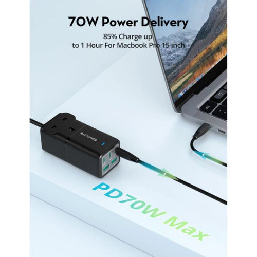 RAVPower 75W Power Strip 5-Port + AC Socket & Travel Charger - شريط طاقة راف باور 75 واط مع 5 منافذ وقابس كهربائي وشاحن سفر