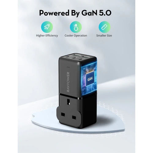RAVPower 75W Power Strip 5-Port + AC Socket & Travel Charger - شريط طاقة راف باور 75 واط مع 5 منافذ وقابس كهربائي وشاحن سفر